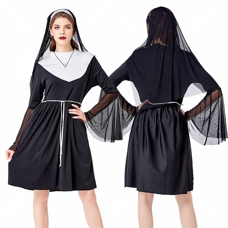 Ethnic Fashion Wear - Zwart Nonnenkostuum Halloween Maskerade Feest Damesmode